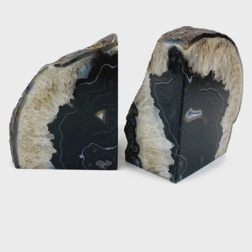 Black Agate Geode Bookend Pair