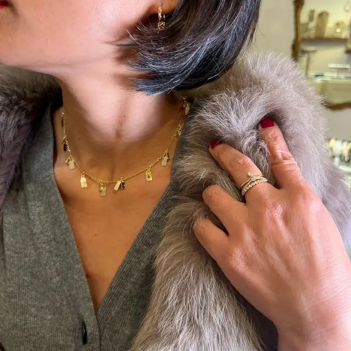 Cz Rectangle Gold Tag Section Necklace