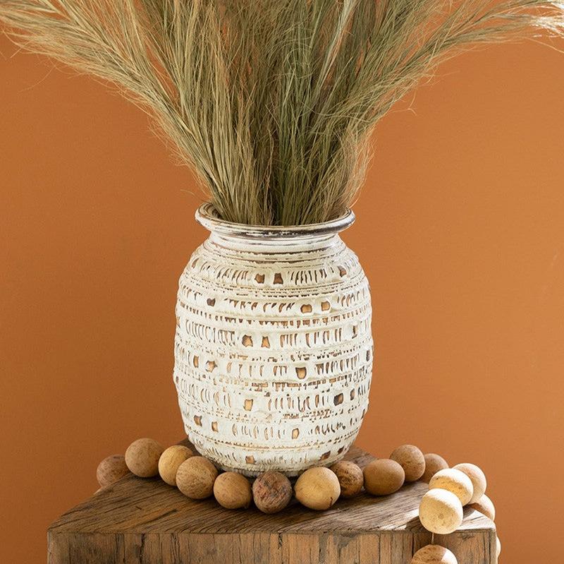 Hand-Carved White Wooden Urn