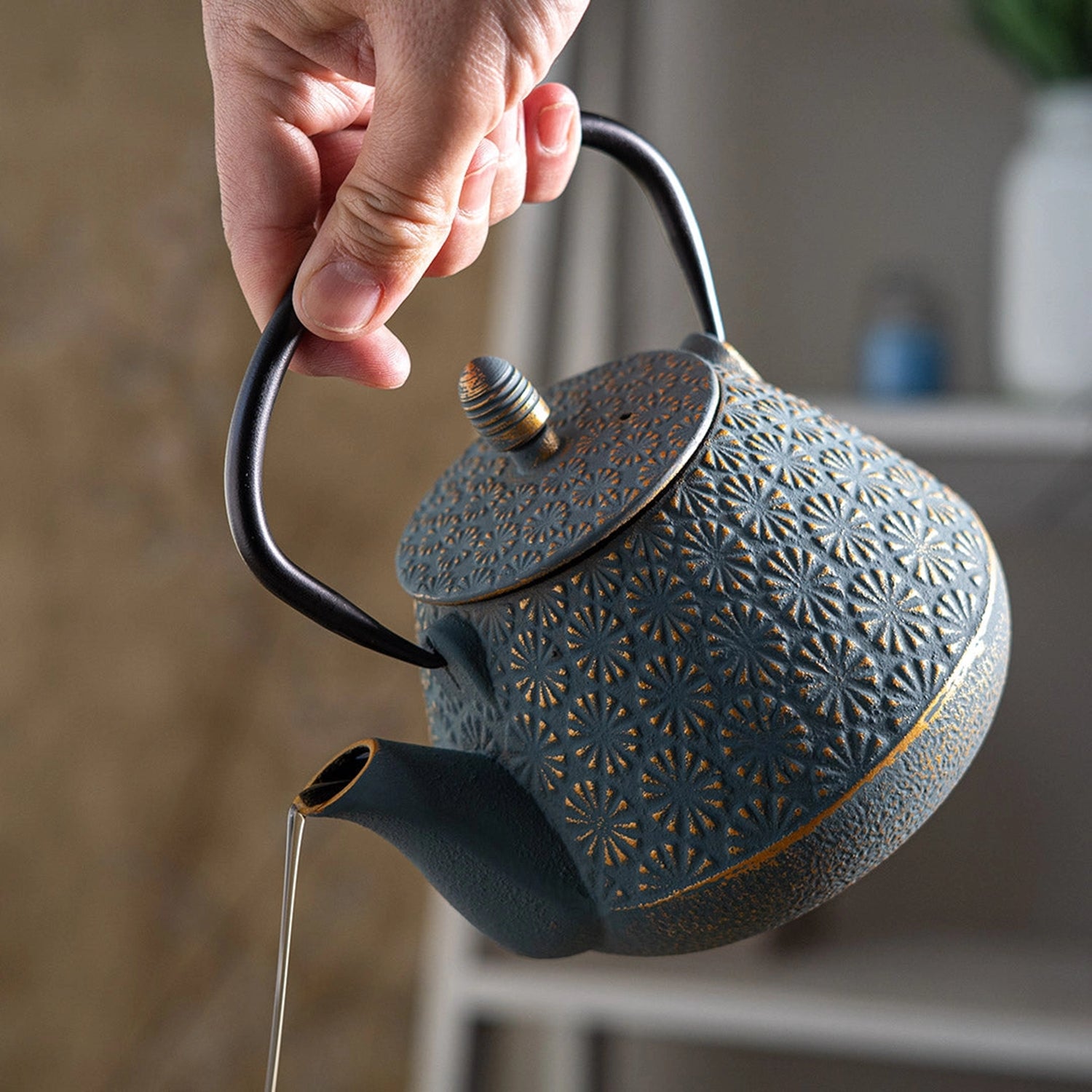 Teal Flower Cast Iron Teapot
