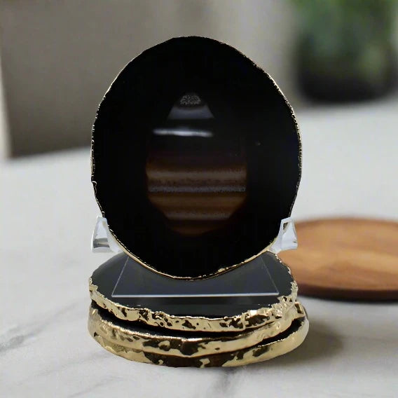 Black Agate Coaster w/Gold Electroplate