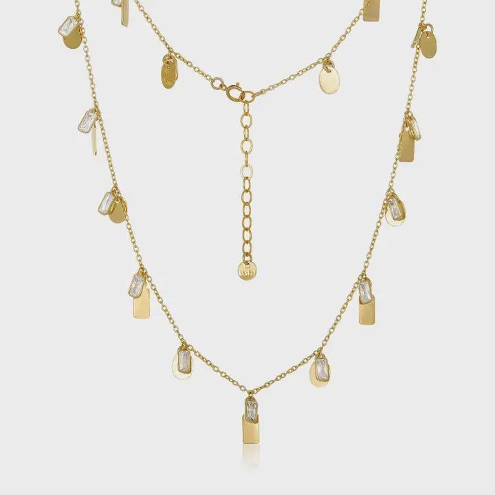 Cz Rectangle Gold Tag Section Necklace