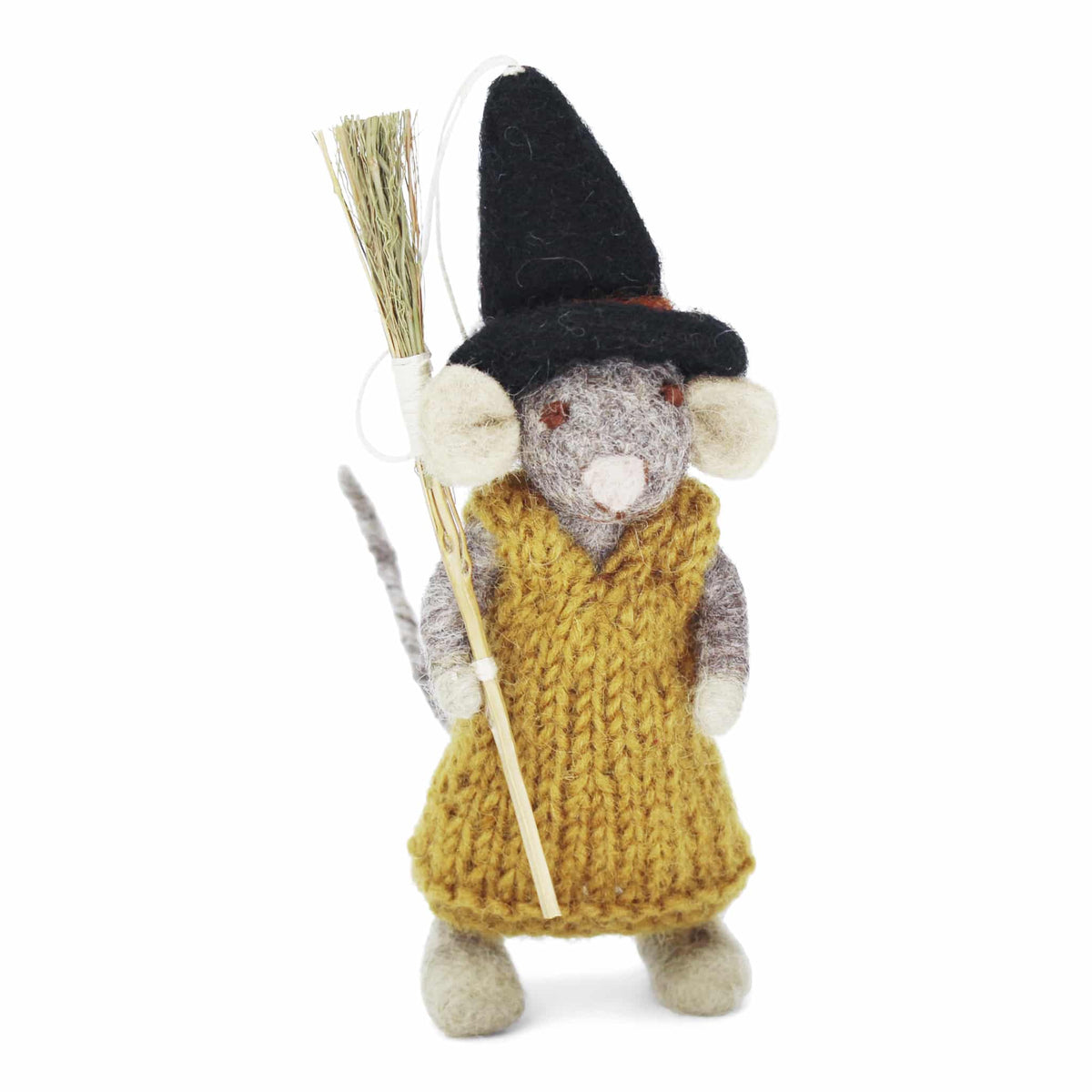 Small Grey Girl Mouse with Broom and Ochre Dress